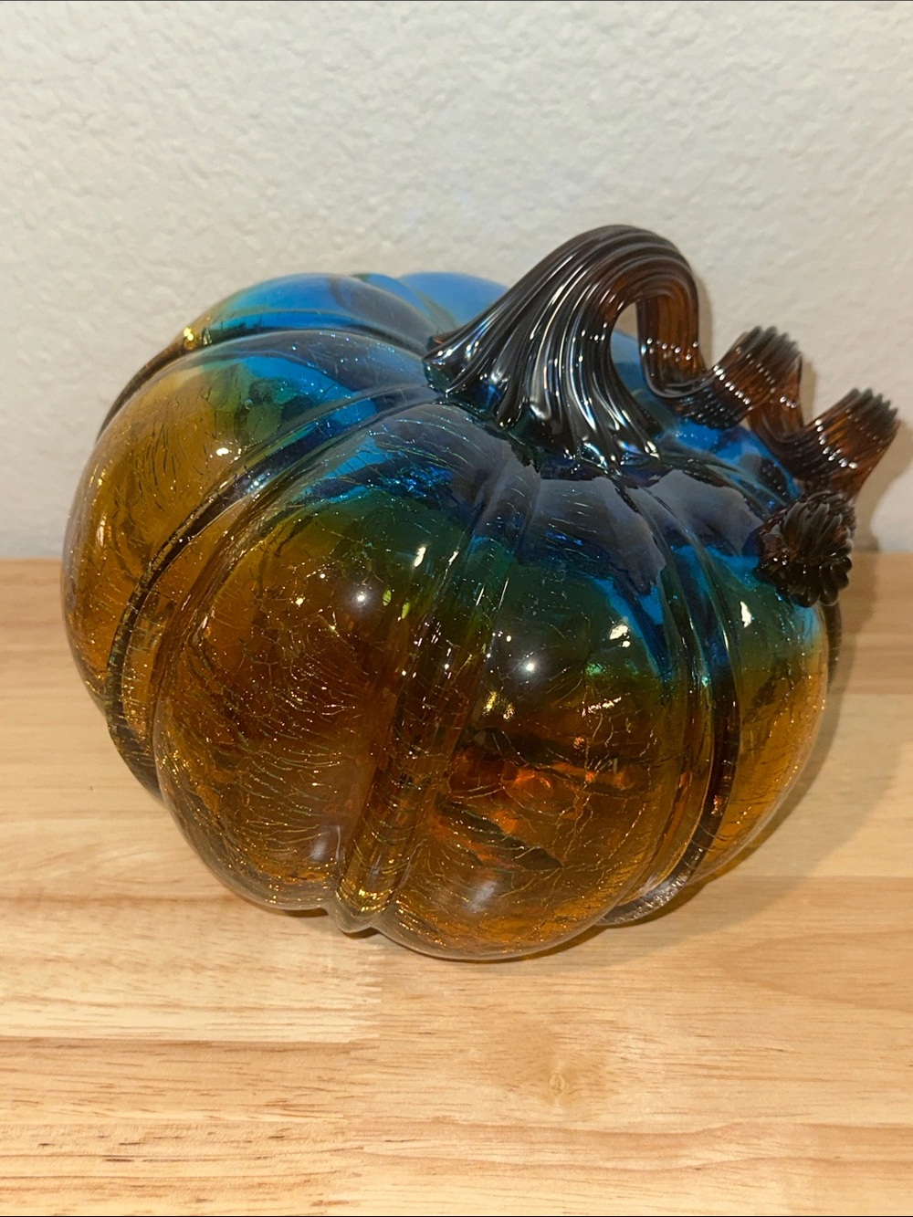 Gorgeous Hand-Blown Art Glass Pumpkin – Amber & Teal Ombre